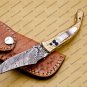 Personalized Custom Damascus Steel Folding Pocket Knife Handle Damascus with Leather Sheath