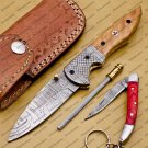 Custom Damascus Steel Folding Pocket Knife with Damascus Keychain Handle Kowa Wood with Sheath