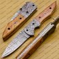 Custom Damascus Steel Folding Pocket Knife with Damascus Keychain Handle Kowa Wood with Sheath