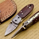 Custom Damascus Steel Folding Pocket Knife with Free Keychain Handle Kowa Wood with Leather Sheeth