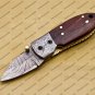 Custom Damascus Steel Folding Pocket Knife with Free Keychain Handle Kowa Wood with Leather Sheeth