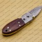 Custom Damascus Steel Folding Pocket Knife with Free Keychain Handle Kowa Wood with Leather Sheeth