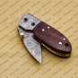Custom Damascus Steel Folding Pocket Knife with Free Keychain Handle Kowa Wood with Leather Sheeth