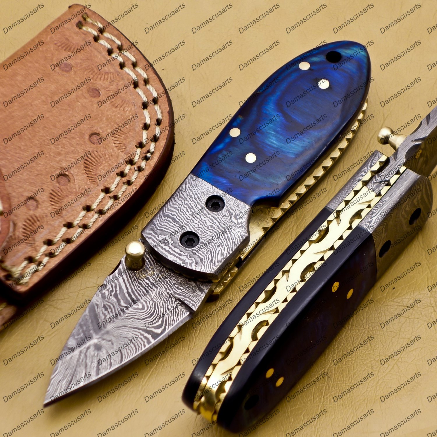 Custom Damascus Steel Folding Pocket Knife with Free Keychain Handle Kowa Wood with Leather Sheeth