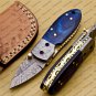 Custom Damascus Steel Folding Pocket Knife with Free Keychain Handle Kowa Wood with Leather Sheeth