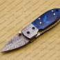 Custom Damascus Steel Folding Pocket Knife with Free Keychain Handle Kowa Wood with Leather Sheeth