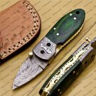 Custom Damascus Steel Folding Pocket Knife with Free Keychain Handle Kowa Wood with Leather Sheeth