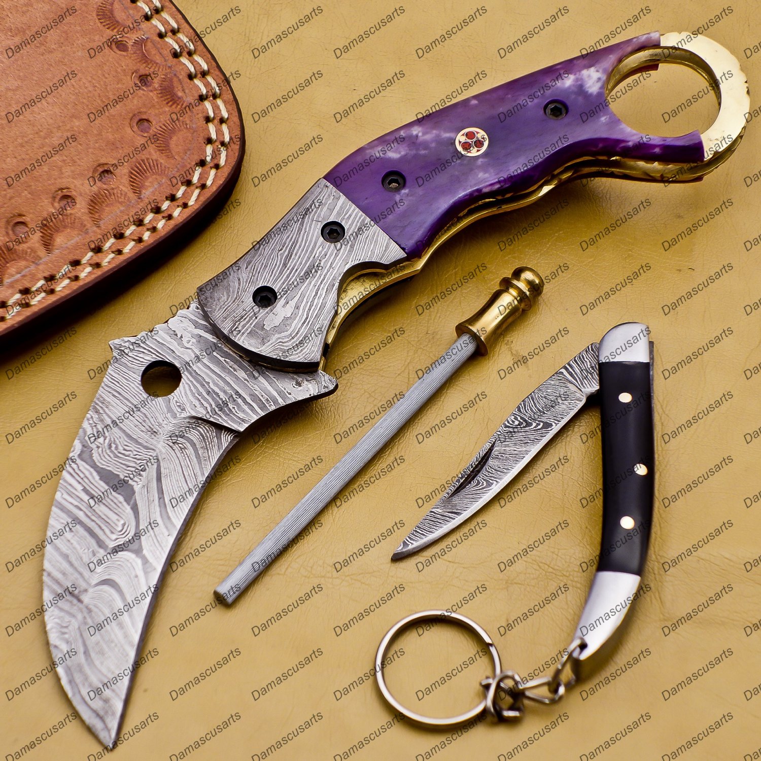 Personalized Damascus Folding Pocket Knife Karambit Knife Hunting Knife Handle Wood with Keychain