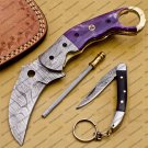 Personalized Damascus Folding Pocket Knife Karambit Knife Hunting Knife Handle Wood with Keychain