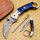 Damascus Folding Pocket knife Karambit red color Knife Hunting knife Handle Wood  +Damascus Keychain