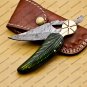Personalized Custom Damascus Steel Folding Pocket Knife with Handle Olive Wood with Leather Sheeth
