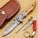 Custom Damascus Steel Folding Pocket Knife with Damascus Keychain Handle Kowa Wood with Sheath