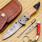 Custom Damascus Steel Folding Pocket Knife with Damascus Keychain Handle Kowa Wood with Sheath