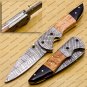 Custom Damascus Steel Folding Pocket Knife with Damascus Keychain Handle Kowa Wood with Sheath