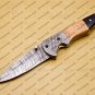 Custom Damascus Steel Folding Pocket Knife with Damascus Keychain Handle Kowa Wood with Sheath
