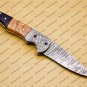 Custom Damascus Steel Folding Pocket Knife with Damascus Keychain Handle Kowa Wood with Sheath