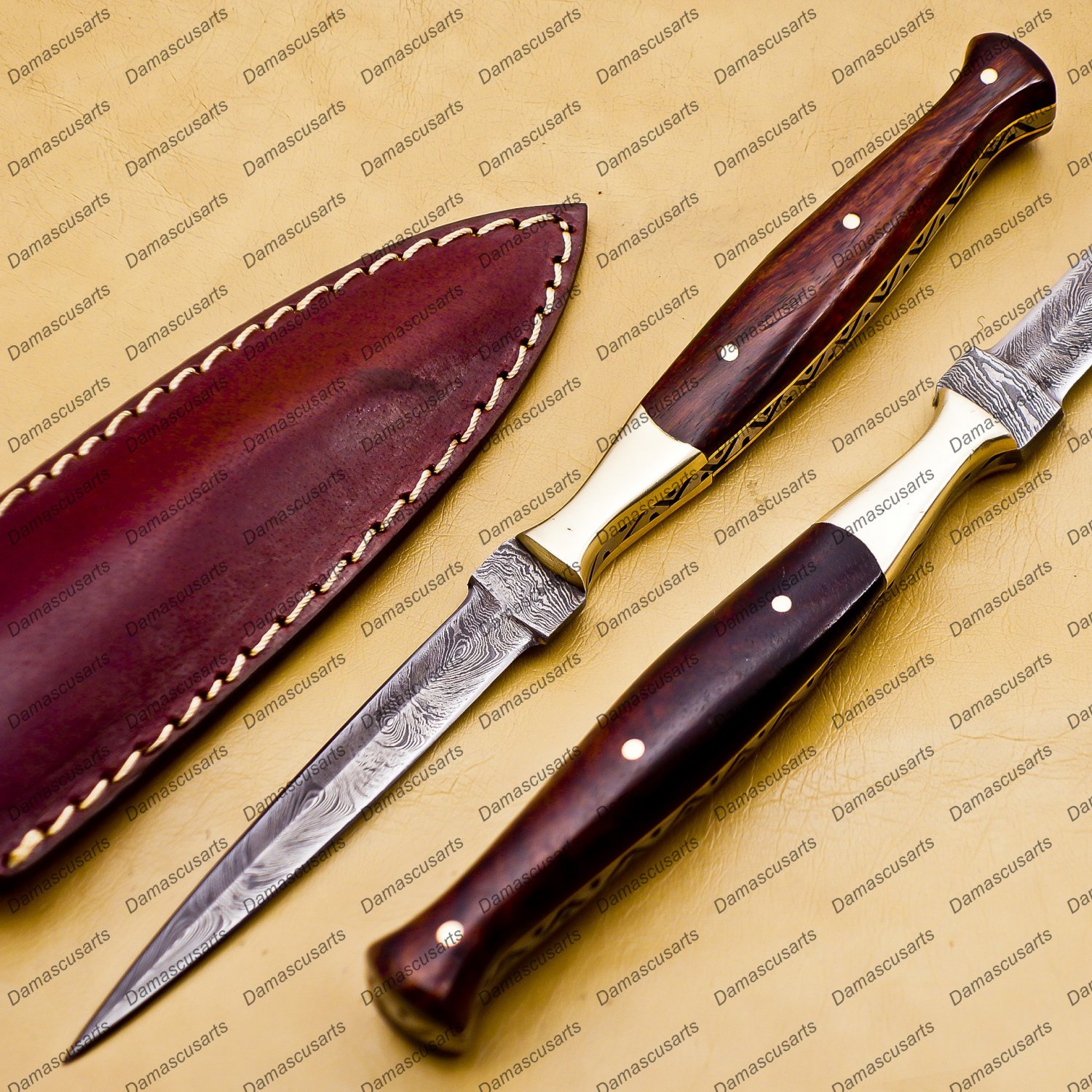Custom Forged Hunter Knife Damascus Steel Boot Throwing Dagger Hunting Knife Bone and Brass + Cover