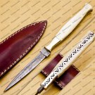 Custom Forged Hunter Knife Damascus Steel Boot Throwing Dagger Hunting Knife Bone and Brass + Cover