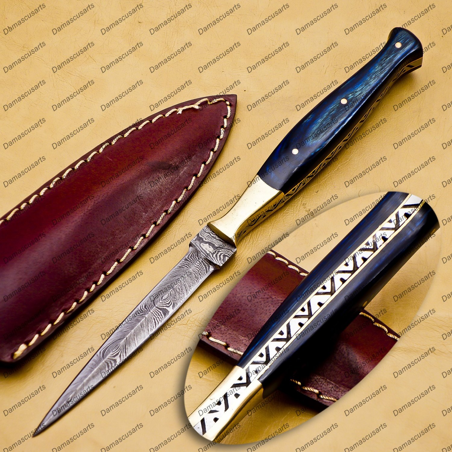 Custom Forged Hunter Knife Damascus Steel Boot Throwing Dagger Hunting Knife Bone and Brass + Cover