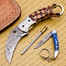 Damascus Folding Pocket knife Karambit red color Knife Hunting knife Handle Wood  +Damascus Keychain