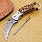 Damascus Folding Pocket knife Karambit red color Knife Hunting knife Handle Wood +Damascus Keychain