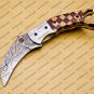 Damascus Folding Pocket knife Karambit red color Knife Hunting knife Handle Wood +Damascus Keychain