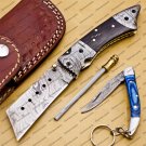 Custom Hand Made Damascus Steel Lxuary Knife Folding Pocket Knife Hunting Knife with Leather Sheeth