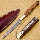 Custom Forged Hunter Knife Damascus Steel Boot Throwing Dagger Hunting Knife Bone and Brass + Cover