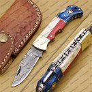 Personalized Custom Damascus Steel Folding Pocket Knife with Handle Kowa Wood with Leather Sheath