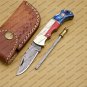 Personalized Custom Damascus Steel Folding Pocket Knife with Handle Kowa Wood with Leather Sheath