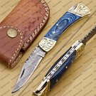 Personalized Custom Damascus Steel Folding Pocket Knife with Handle Olive Wood With Leather Sheath