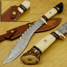 Custom Forged Hunter Knife Damascus Steel Bowie Knife Handle Deer Antlar Wood with Leather Sheath