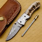 Damascus Folding Pocket Knife Hunting Knife 100% Damascus Steel Handle Ram Horn Pocket Clip Sheath