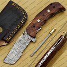 Personalized Custom Damascus Steel Folding Pocket Knife with Handle Kowa Wood with Leather Sheath