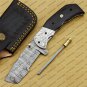 Personalized Custom Damascus Steel Folding Pocket Knife with Handle Kowa Wood with Leather Sheath