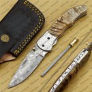 Damascus Folding Pocket Knife Hunting Knife 100% Damascus Steel Handle Ram Horn Pocket Clip Sheath