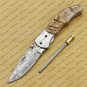 Damascus Folding Pocket Knife Hunting Knife 100% Damascus Steel Handle Ram Horn Pocket Clip Sheath