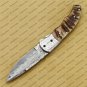 Damascus Folding Pocket Knife Hunting Knife 100% Damascus Steel Handle Ram Horn Pocket Clip Sheath
