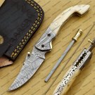 Damascus Folding Pocket Knife Hunting Knife 100% Damascus Steel Handle Ram Horn Pocket Clip Sheath