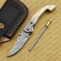 Damascus Folding Pocket Knife Hunting Knife 100% Damascus Steel Handle Ram Horn Pocket Clip Sheath