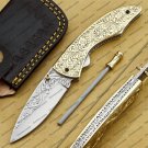 Damascus Folding Hunter Pocket Knife Custom Forged Damascus Steel Bowie Knife Handle Copper Metal