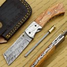 Personalized Custom Damascus Steel Folding Pocket Knife with Handle Kowa Wood with Leather Sheath