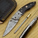 Personalized Custom Damascus Steel Folding Pocket Knife with Handle Kowa Wood with Leather Sheath