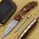 Personalized Custom Damascus Steel Folding Pocket Knife with Handle Kowa Wood with Leather Sheath