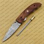 Personalized Custom Damascus Steel Folding Pocket Knife with Handle Kowa Wood with Leather Sheath