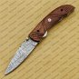 Personalized Custom Damascus Steel Folding Pocket Knife with Handle Kowa Wood with Leather Sheath