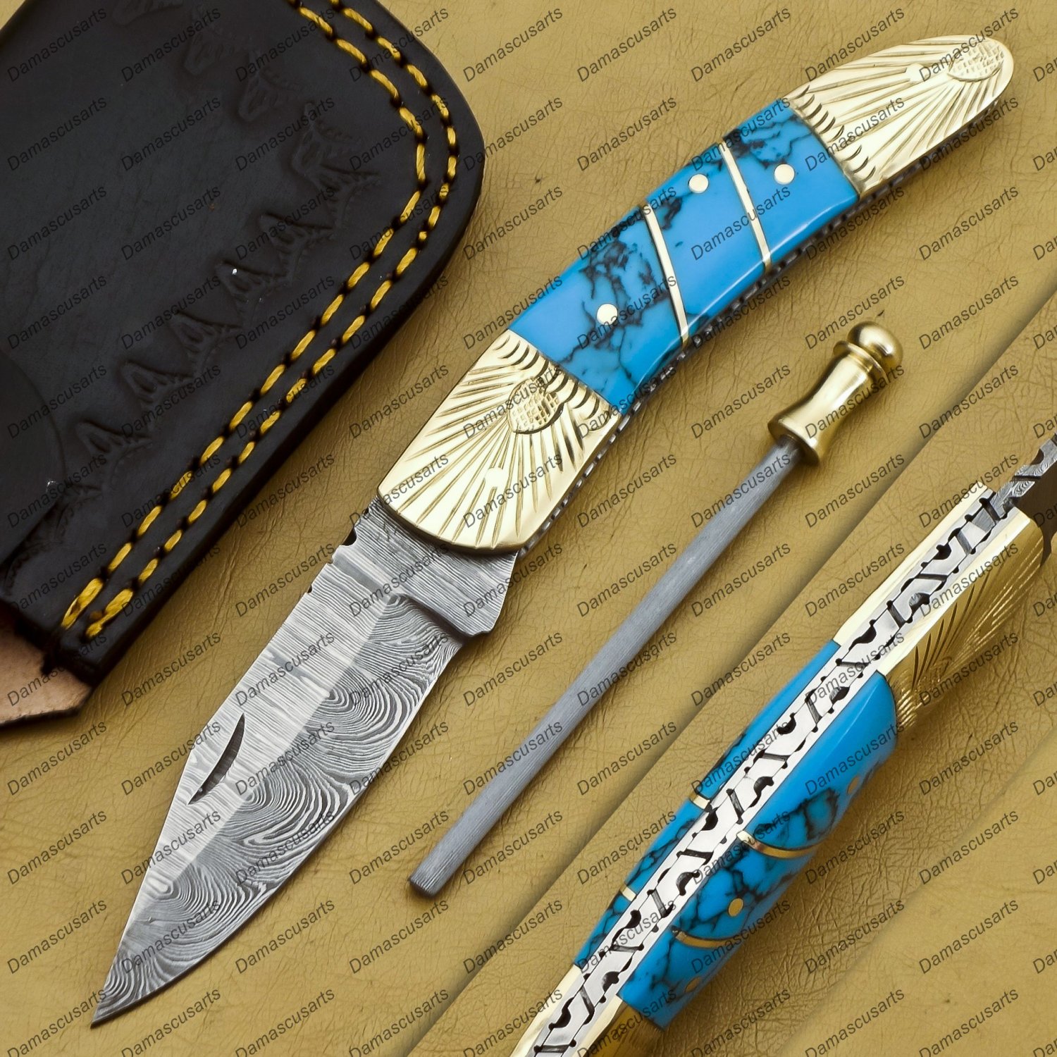 Personalized Custom Damascus Steel Folding Pocket Knife with Handle Kowa Wood with Leather Sheath