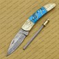 Personalized Custom Damascus Steel Folding Pocket Knife with Handle Kowa Wood with Leather Sheath