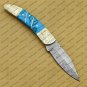 Personalized Custom Damascus Steel Folding Pocket Knife with Handle Kowa Wood with Leather Sheath