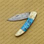 Personalized Custom Damascus Steel Folding Pocket Knife with Handle Kowa Wood with Leather Sheath